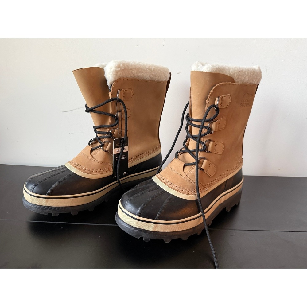 Sorel Caribou Waterproof Winter Boots Tan Black Nubuck Leather Snow Boots NEW 11